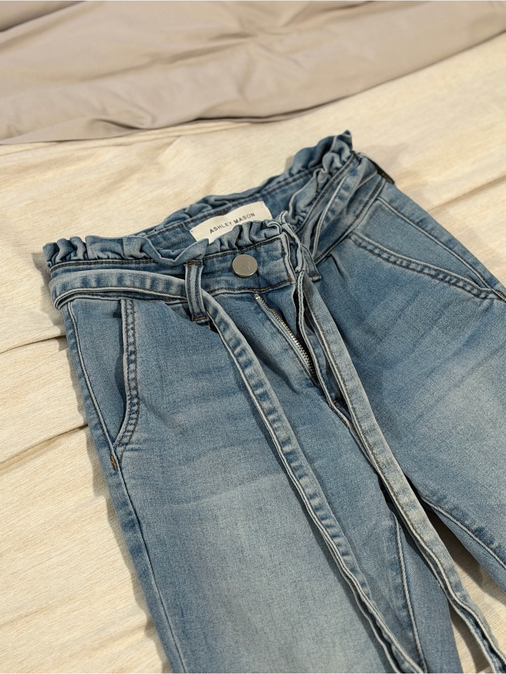 Ashley Mason Light Blue Paperbag Waist Tie-Front Jeans